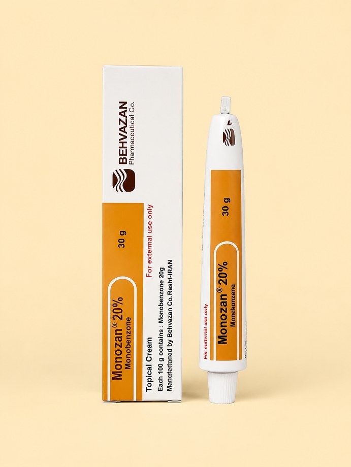 Monozan 20% monobenzone cream box and tube product rendering