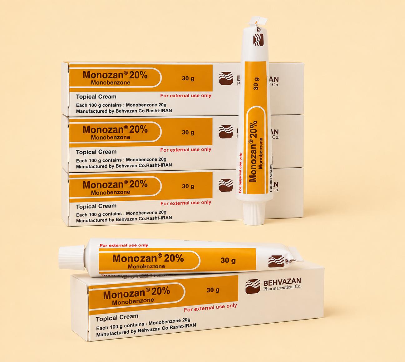 Monozan 20% monobenzone cream boxes and tube product rendering